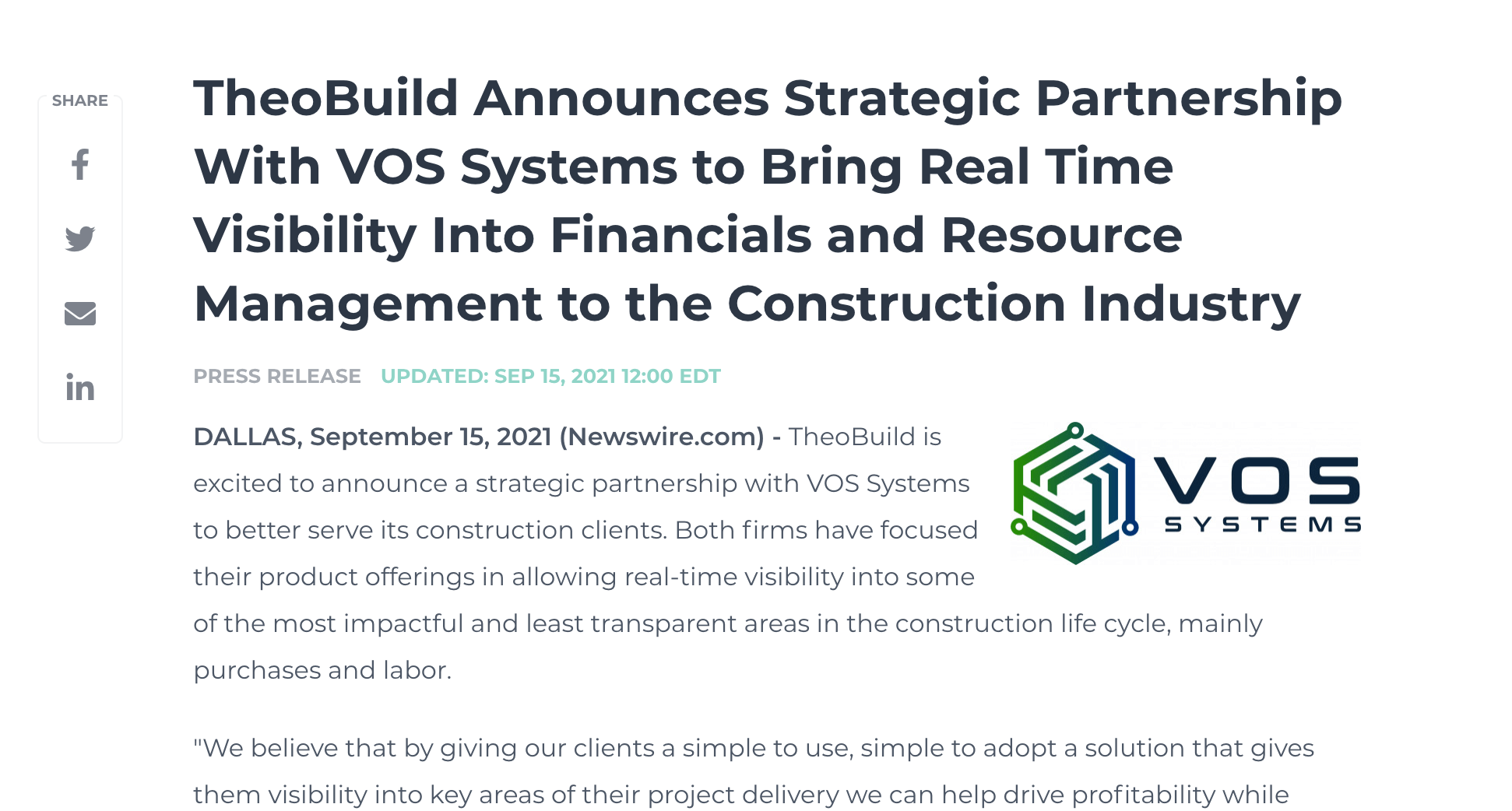 You are currently viewing TheoBuild Announces Partnership With VOS
